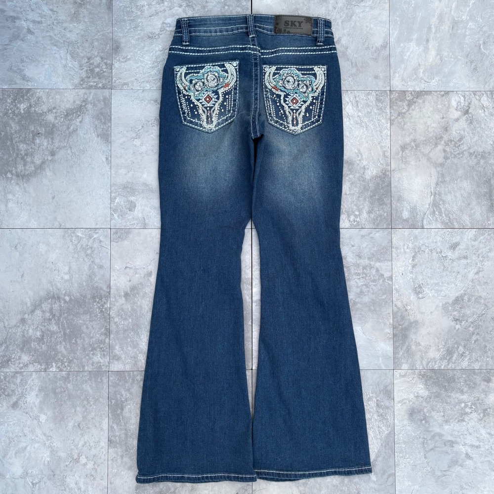 SKY Premium Collection Women Flare Jeans Blue Embellished Western Size 7/8